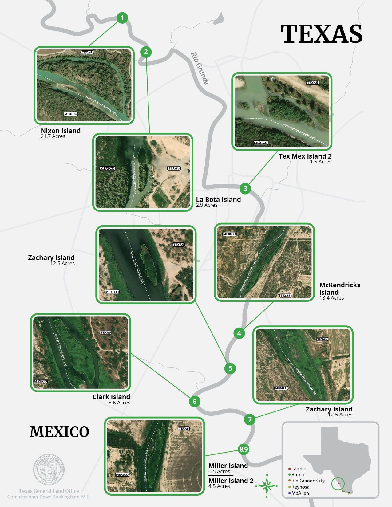 Map and aerial images of the nine islands on the Rio Grande claimed as state land by Texas. (Courtesy of the Texas General Land Office)