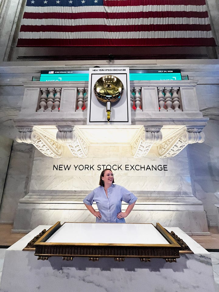 the outside of the NYSE and a photo of me standing in front of the bell