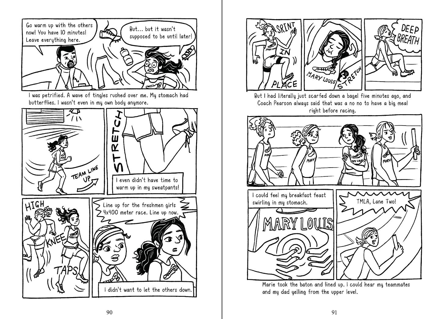 Two page spread from a graphic novel in progress. The artwork is black linework with no colour yet.