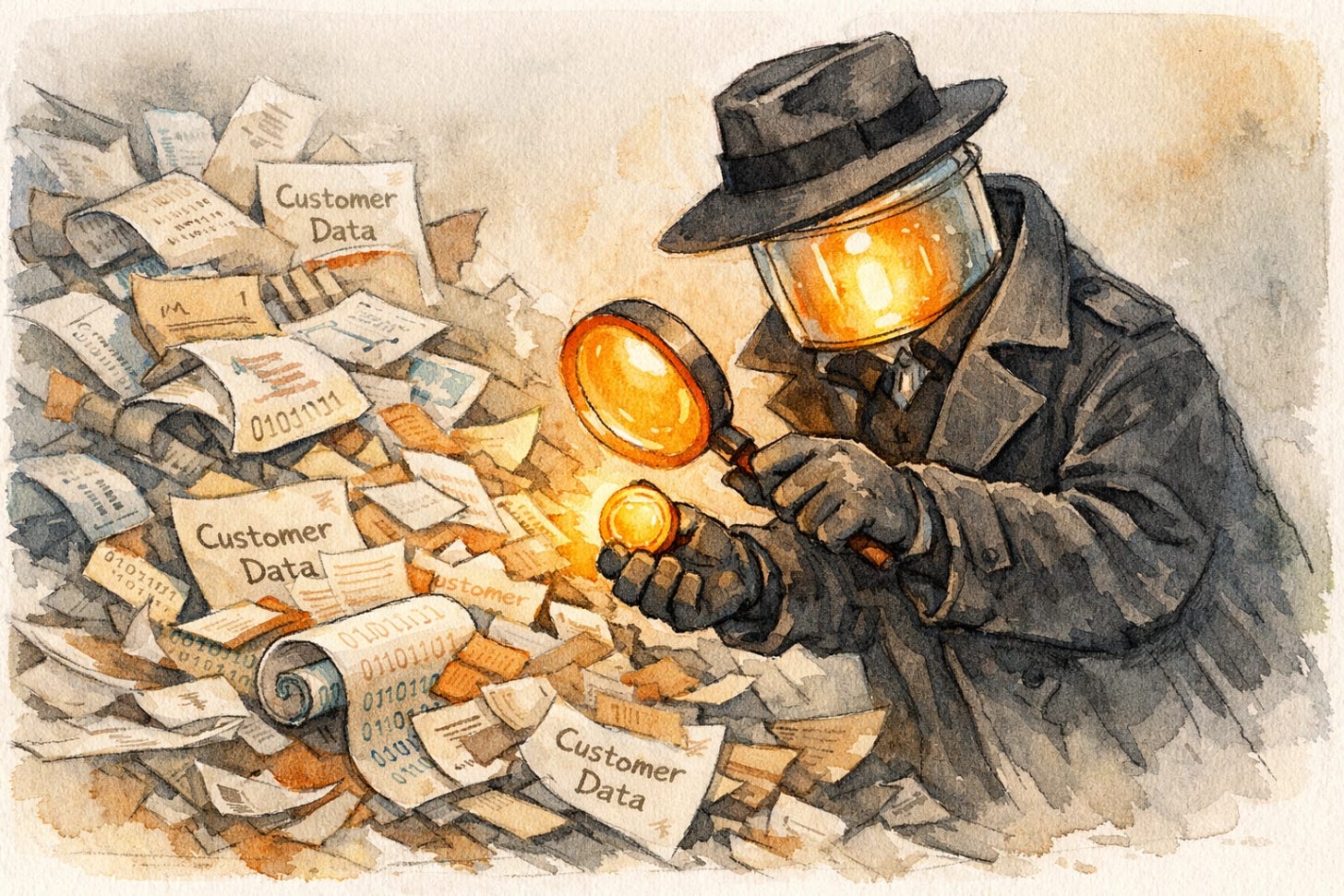 A detective mascot with a magnifying glass pulling a golden coin from a mountain of messy customer data papers, representing AI's ability to find hidden revenue in unstructured business data.