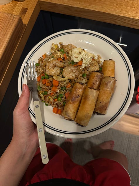 left: Tagliolini dish from Misipasta; middle: egg rolls and shrimp fried rice I made last week; right: Bún bò Huế I also made last week