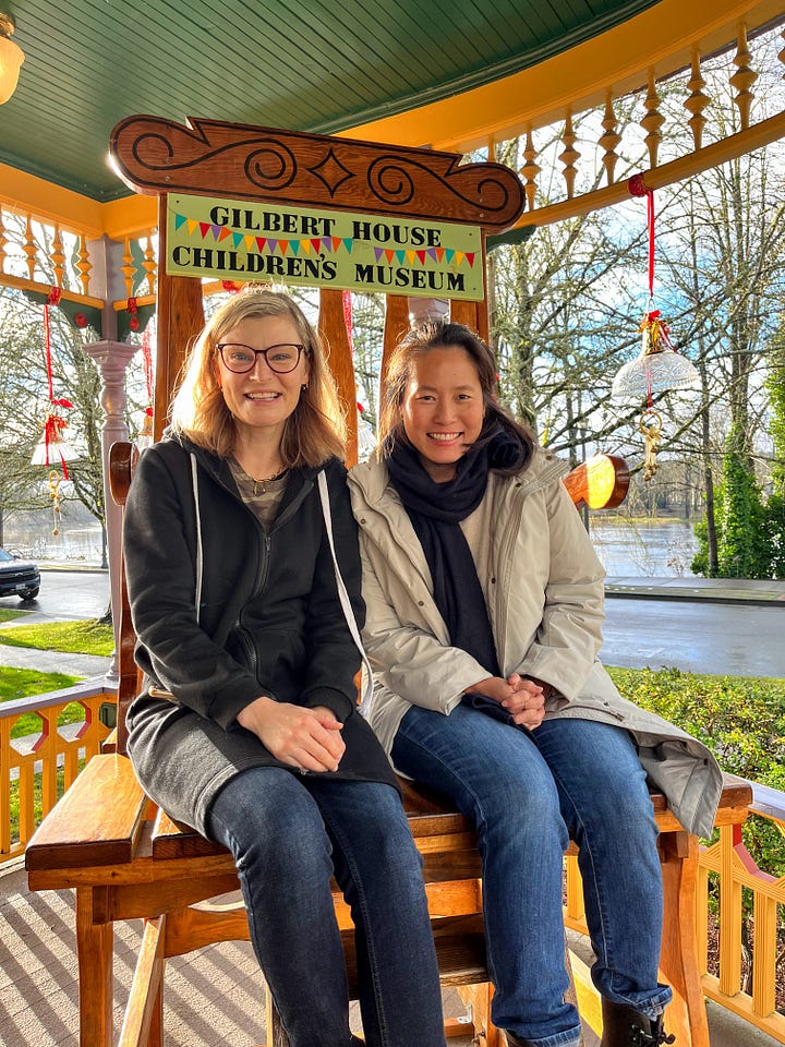 Left image: two women at restaurant table; Right image: two women in oversized chair in front of Gilbert House Children's Museum.
