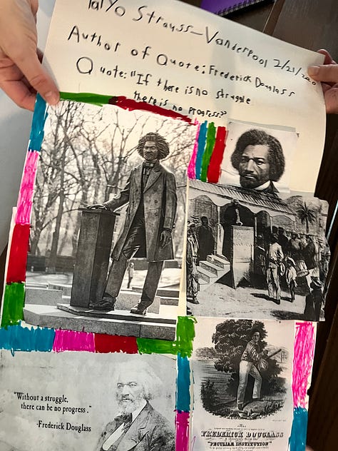 A child's research project poster on Frederick Douglass. A vase of yellow tulips with a yahrzeit candle for Kathy Boudin. A child's scrapbook page reading All About Sasha. Stacks of boxes packed in an entryway. An old garden lamp listing heavily to one side in a lush green garden. A realtor's For Sale sign in front of a gray townhouse.