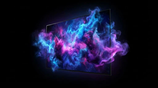 A high-tech television screen glowing in the dark with colorful light spilling out.