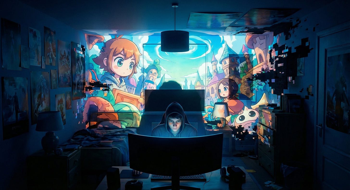 AI generated image of a lone young male in his bedroom at a laptop surrounded by anime imagery