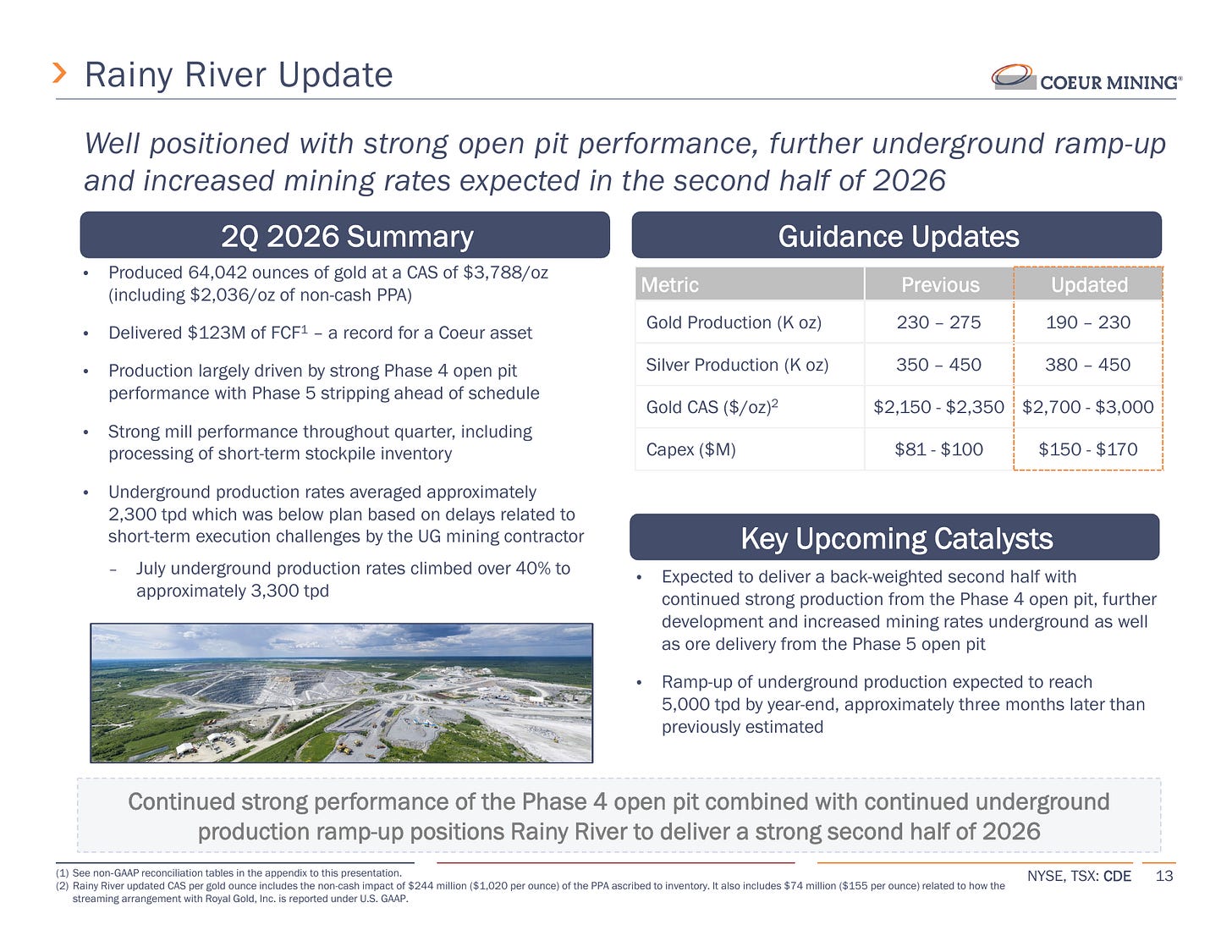 Rainy River underground ramp-up, cost changes and increased capital guidance. Source: Coeur Mining, Q2 2026 earnings presentation, August 6, 2026, slide 13. Reported CAS includes non-cash acquisition accounting.