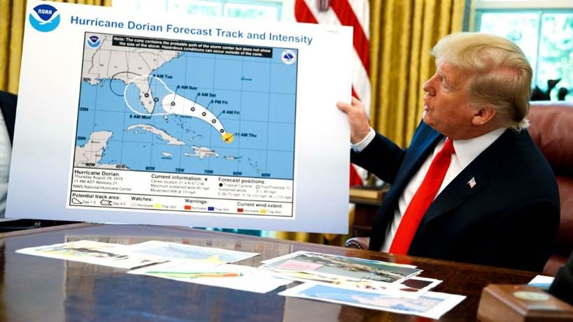A visual representation of Hurricane Dorian's forecast track and intensity, including various wind speeds, movement direction, and potential areas of impact.
AI-generated content may be incorrect.