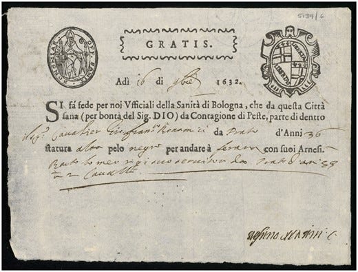 Wellcome Library, MS.5139/6, Health pass, Bologna, 16 November 1632 Wellcome Library, MS.5139/6, Health pass, Bologna, 16 November 1632