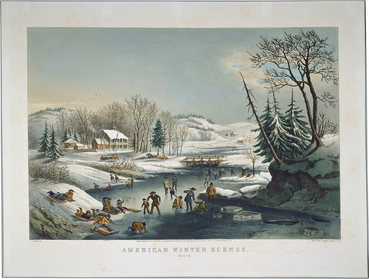 A snowy farm seen from slightly above on a winter morning, with buildings, figures and a road in the snow. A snowy farm seen from slightly above on a winter morning, with buildings, figures and a road in the snow.