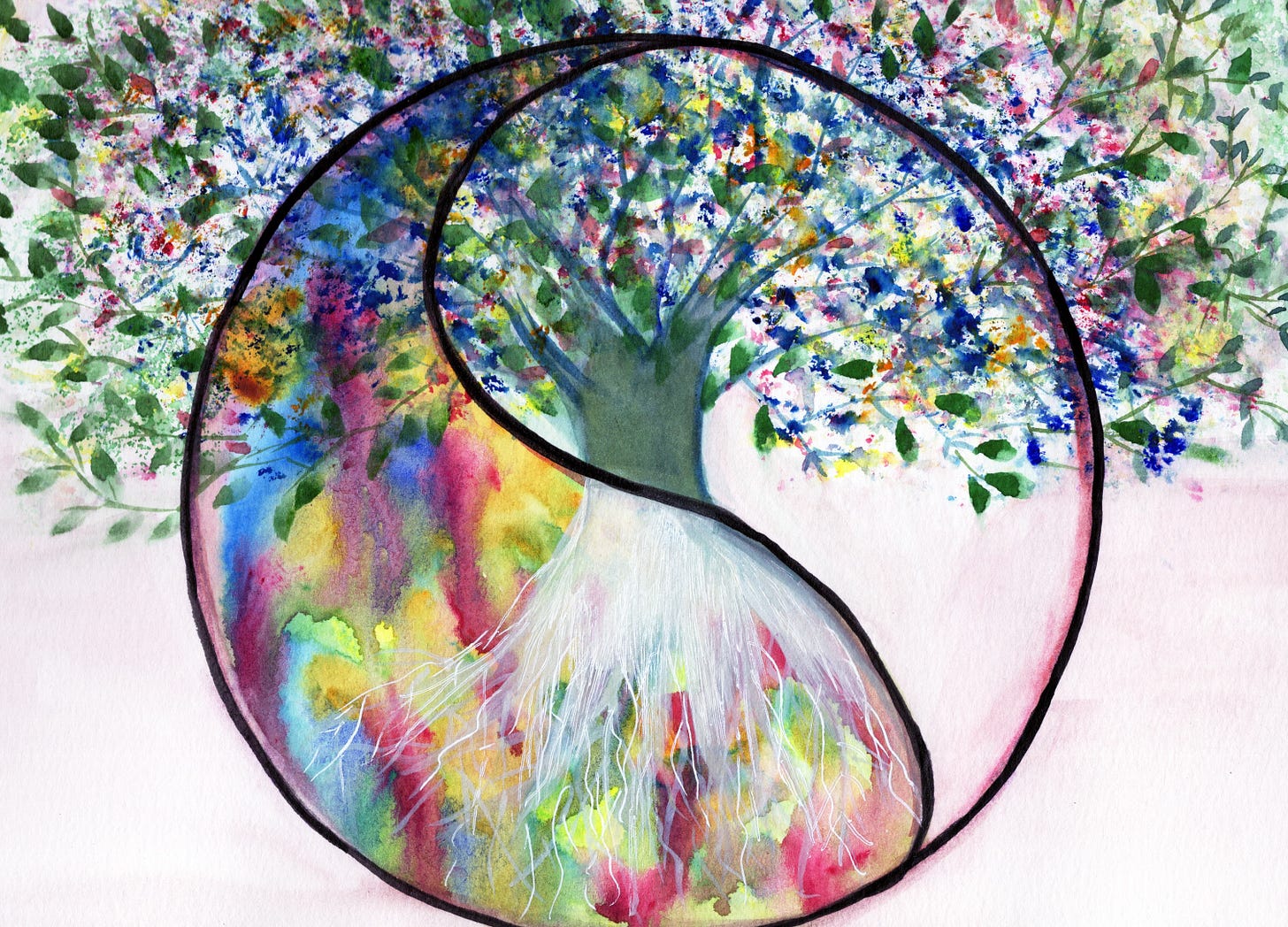 A vibrant watercolor of a flourishing tree enclosed within a circular, yin-yang-inspired form. The canopy bursts with multicoloured leaves and blossoms, while luminous white roots spread beneath in equally vivid colours, suggesting the interconnectedness of visible growth and hidden foundations. A vibrant watercolor of a flourishing tree enclosed within a circular, yin-yang-inspired form. The canopy bursts with multicoloured leaves and blossoms, while luminous white roots spread beneath in equally vivid colours, suggesting the interconnectedness of visible growth and hidden foundations.
