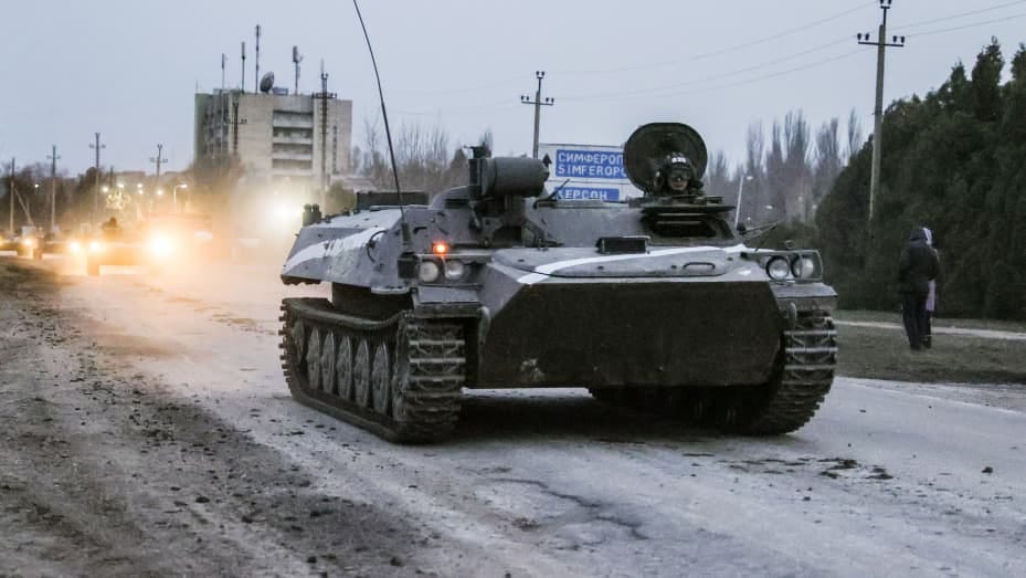 A military column approaches the Perekop checkpoint on the Ukrainian border.