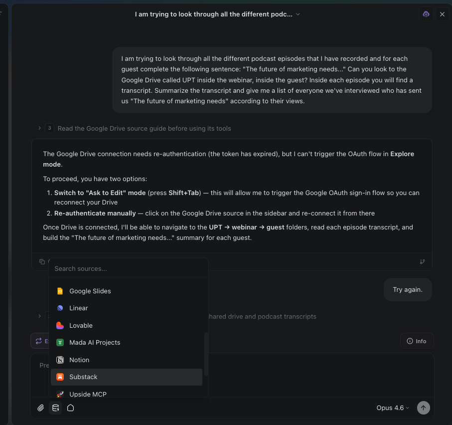 Craft Agents showing connected sources including Substack, Notion, and Upside MCP Craft Agents showing connected sources including Substack, Notion, and Upside MCP
