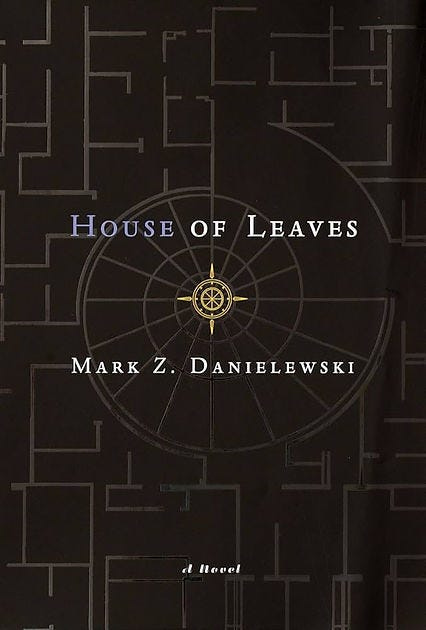 Dark book cover of “House of Leaves” by Mark Z. Danielewski. Features a labyrinth pattern with a yellow compass, evoking mystery.