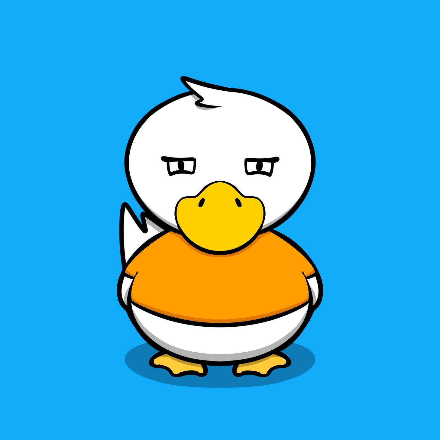 A white cartoon duck wearing an orange shirt against a light blue background. A white cartoon duck wearing an orange shirt against a light blue background.