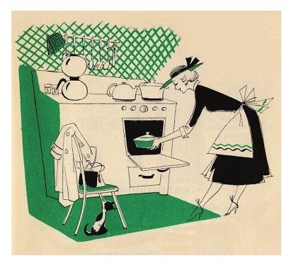 This may contain: an illustration of a woman cooking in the kitchen