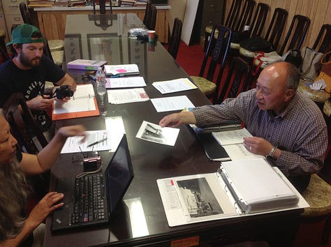 Three photographs featuring Salinas Chinatown historian Wellington Lee with a friend, archivists, and reporters.
