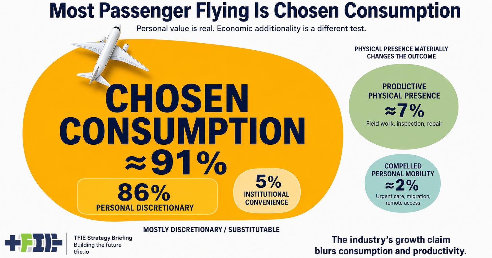 Large amber 91% chosen-consumption field combines 86% personal discretionary and 5% institutional convenience travel.