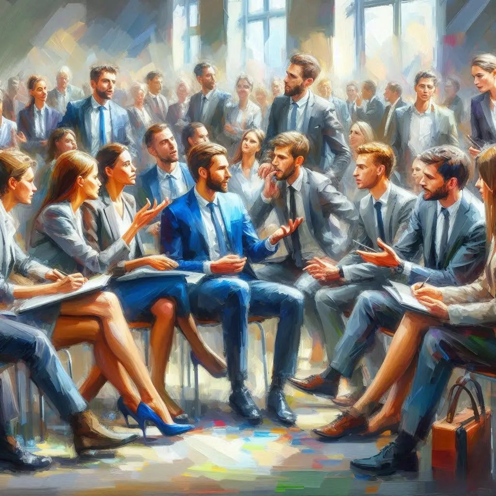 modren oil painting of people in discussion