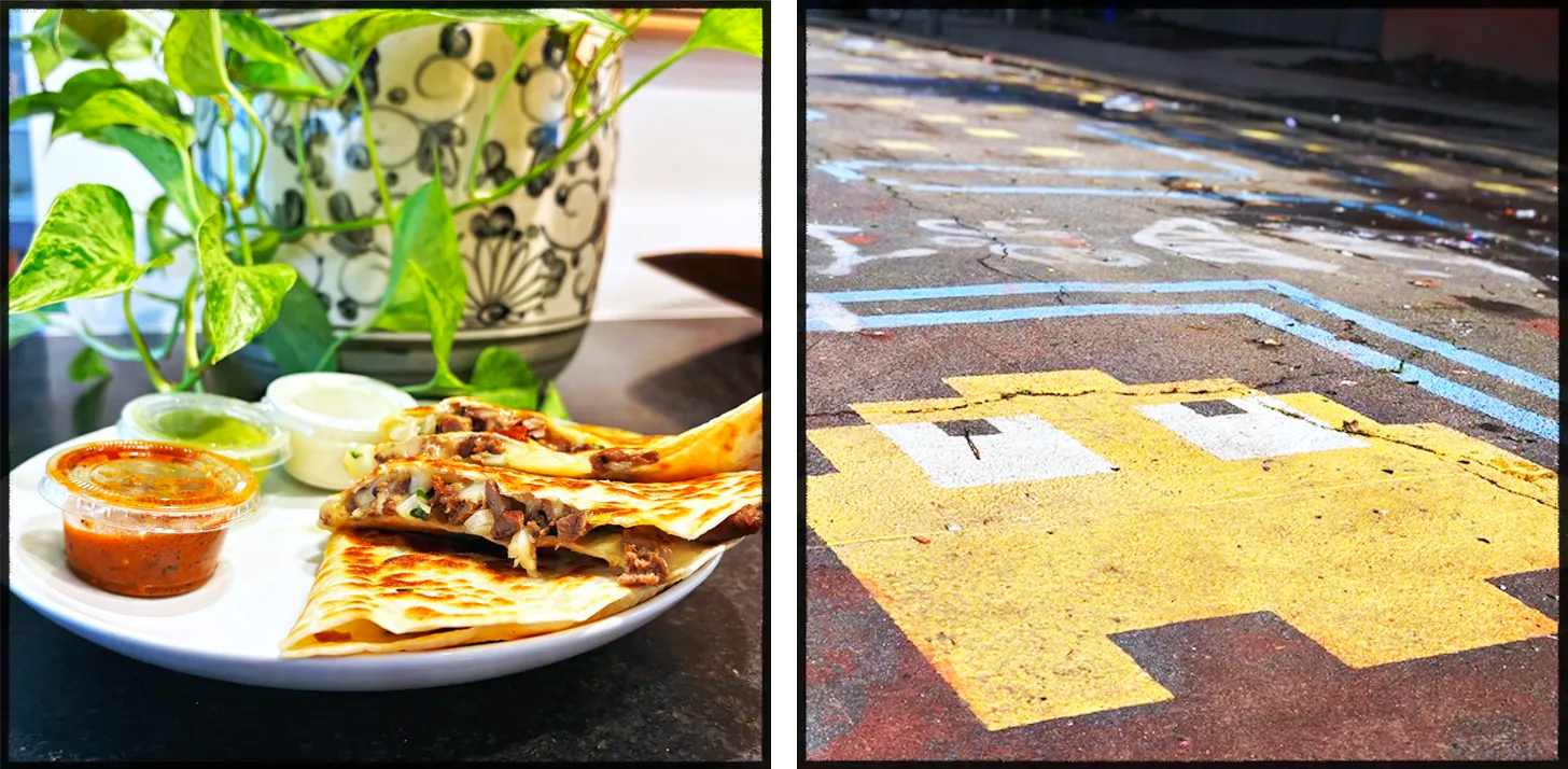 Picture 1 is of the quesadilla; picture 2 is of a Pac-Man ghost painted on the road.