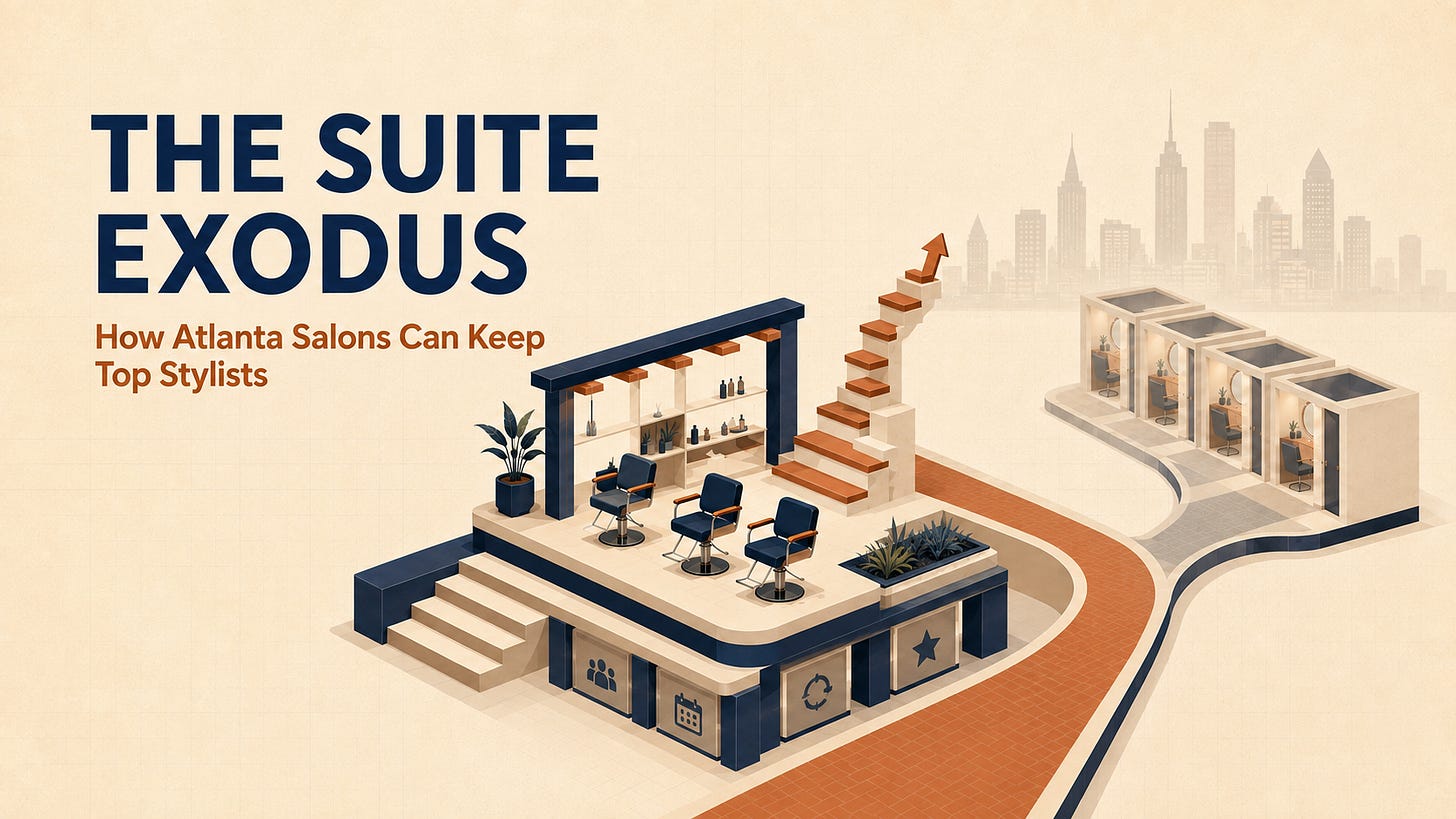 The Suite Exodus: How Atlanta Salons Can Keep Top Stylists. An isometric Atlanta salon stands on support pillars with a career-growth staircase, while a separate path branches toward private suites. The Suite Exodus: How Atlanta Salons Can Keep Top Stylists. An isometric Atlanta salon stands on support pillars with a career-growth staircase, while a separate path branches toward private suites.