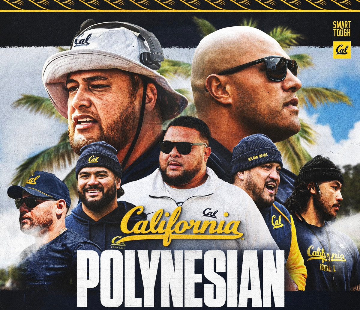 The image is a promotional graphic for the University of California, Berkeley's football team, highlighting their Polynesian heritage. It features several individuals, presumably coaches or players, wearing Cal-branded apparel, including hats and shirts. The background includes palm trees, suggesting a tropical or Polynesian theme. The text "California POLYNESIAN" is prominently displayed in the center, with the word "POLYNESIAN" in bold, large letters. The post text emphasizes the focus on acquisition but underscores the passion for retention, which might relate to retaining Polynesian talent or cultural identity within the team. The image also includes various country flags as emojis (Samoa, Tonga, American Samoa, New Zealand, Fiji), reinforcing the Polynesian theme. The overall composition is vibrant and celebratory, aiming to showcase pride in Polynesian culture within the context of the Cal football program. The image is a promotional graphic for the University of California, Berkeley's football team, highlighting their Polynesian heritage. It features several individuals, presumably coaches or players, wearing Cal-branded apparel, including hats and shirts. The background includes palm trees, suggesting a tropical or Polynesian theme. The text "California POLYNESIAN" is prominently displayed in the center, with the word "POLYNESIAN" in bold, large letters. The post text emphasizes the focus on acquisition but underscores the passion for retention, which might relate to retaining Polynesian talent or cultural identity within the team. The image also includes various country flags as emojis (Samoa, Tonga, American Samoa, New Zealand, Fiji), reinforcing the Polynesian theme. The overall composition is vibrant and celebratory, aiming to showcase pride in Polynesian culture within the context of the Cal football program.