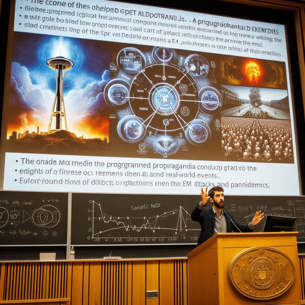 he core of the discussion then shifts to the analysis of media, particularly movies and trailers, as a form of programmed propaganda that mirrors and predicts real-world events. Examples are drawn from films like Final Destination and Fantastic Four, pointing out perceived symbolic connections between objects like the Space Needle and concepts like EMP attacks or pandemics. The speaker also touches on the role of AI in creation and
