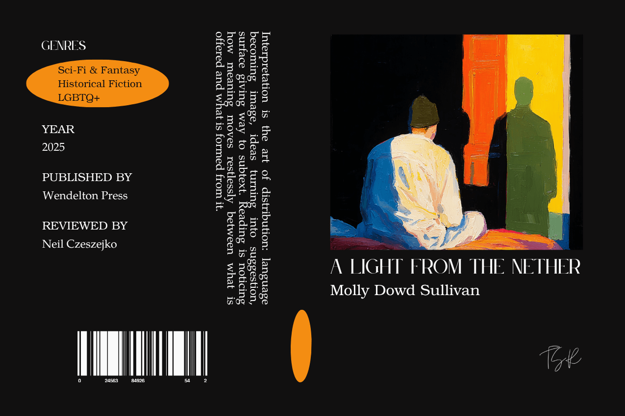 Editorial graphic featuring a stylized book jacket for "A Light From the Nether" by Molly Dowd Sullivan. The layout depicts a man in pajamas and a beanie sitting with their back to the viewer, facing a glowing doorway where a green silhouetted figure stands. Metadata columns on the left list the genres Historical Fiction, Sci-Fi & Fantasy, and LGBTQ+, the publisher Wendelton Press, and reviewer Neil Czeszejko. All set against a black composition with a column of text about the art of interpretation and a barcode at the bottom. Part of the Literary Review series at The Subtext Review. Editorial graphic featuring a stylized book jacket for "A Light From the Nether" by Molly Dowd Sullivan. The layout depicts a man in pajamas and a beanie sitting with their back to the viewer, facing a glowing doorway where a green silhouetted figure stands. Metadata columns on the left list the genres Historical Fiction, Sci-Fi & Fantasy, and LGBTQ+, the publisher Wendelton Press, and reviewer Neil Czeszejko. All set against a black composition with a column of text about the art of interpretation and a barcode at the bottom. Part of the Literary Review series at The Subtext Review.