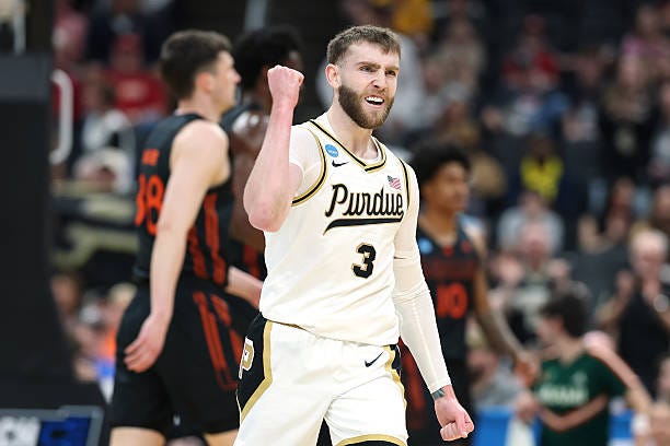 Braden Smith of the Purdue Boilermakers reacts against the Miami Hurricanes during the first half in the second round of the 2026 NCAA Men's... Braden Smith of the Purdue Boilermakers reacts against the Miami Hurricanes during the first half in the second round of the 2026 NCAA Men's...