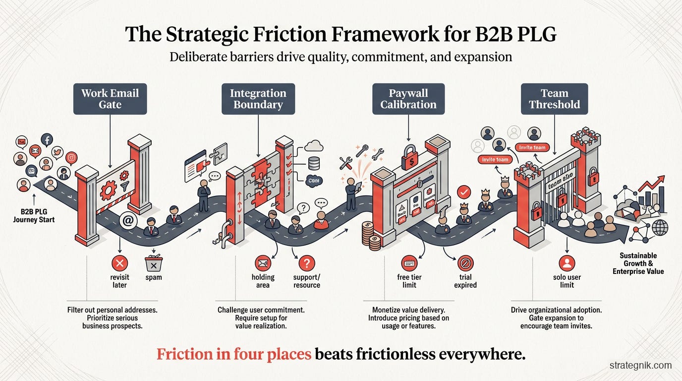 Four strategic friction points in B2B PLG: signup, integration boundary, free-to-paid wall, and team expansion Four strategic friction points in B2B PLG: signup, integration boundary, free-to-paid wall, and team expansion