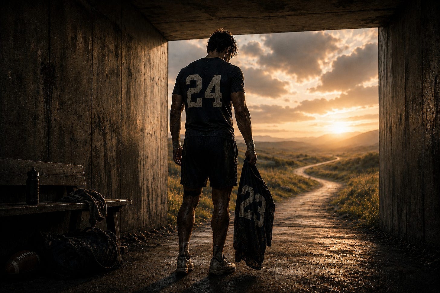 A lone male athlete stands in the shadow of a concrete tunnel holding a jersey at his side while facing a sunlit path stretching into the distant hills. The contrast between the dark tunnel behind him and the open landscape ahead symbolizes the emotional transition after trauma, loss, or major life change — capturing the grief of leaving behind a former identity and the uncertain process of reinvention and becoming someone new. A lone male athlete stands in the shadow of a concrete tunnel holding a jersey at his side while facing a sunlit path stretching into the distant hills. The contrast between the dark tunnel behind him and the open landscape ahead symbolizes the emotional transition after trauma, loss, or major life change — capturing the grief of leaving behind a former identity and the uncertain process of reinvention and becoming someone new.