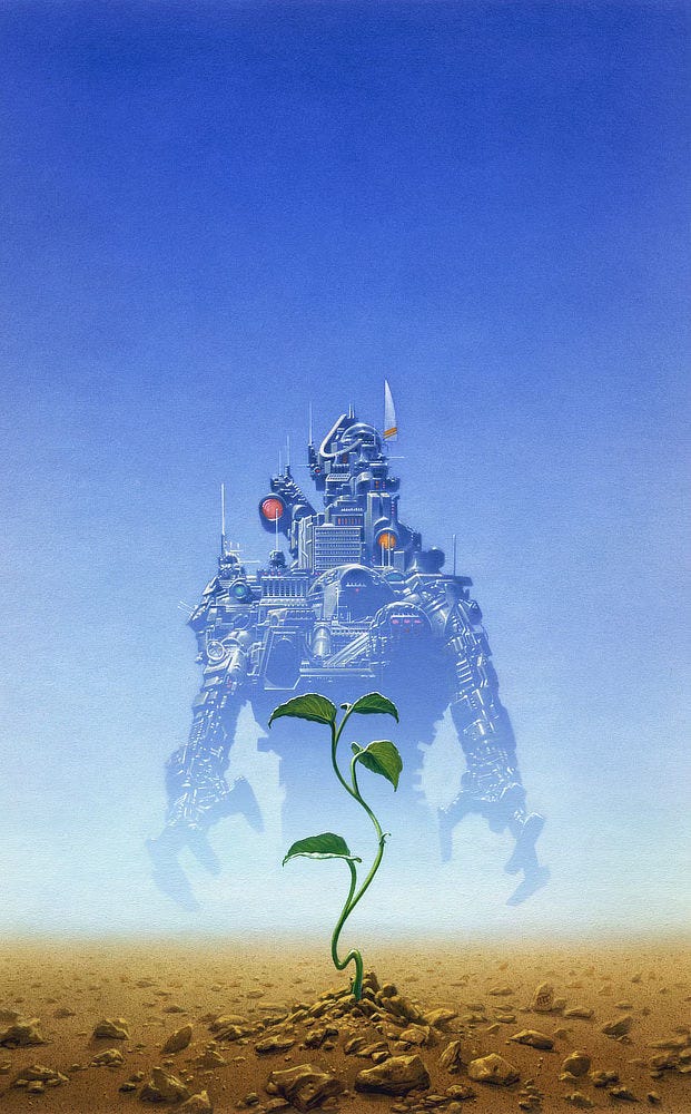 A monstrously large robot looms on the horizon while a simple plant sprouts defiantly from barren, rocky soil in the near foreground. The arms of the robot lurch forward with fingers tensed to grip, implying a sense of forward motion, marching toward the plant. While it's body resembles a stocky biped, it's head is an asymmetrical jumble, which on close examination looks like futuristic buildings set off-center right upon its shoulders. Stiff antennae protrude upward from head and shoulders. Red and orange eye-like lights are set akimbo, an uneven diagonal that adds to the sense of uneasiness about the mechanical monstrosity. A monstrously large robot looms on the horizon while a simple plant sprouts defiantly from barren, rocky soil in the near foreground. The arms of the robot lurch forward with fingers tensed to grip, implying a sense of forward motion, marching toward the plant. While it's body resembles a stocky biped, it's head is an asymmetrical jumble, which on close examination looks like futuristic buildings set off-center right upon its shoulders. Stiff antennae protrude upward from head and shoulders. Red and orange eye-like lights are set akimbo, an uneven diagonal that adds to the sense of uneasiness about the mechanical monstrosity.