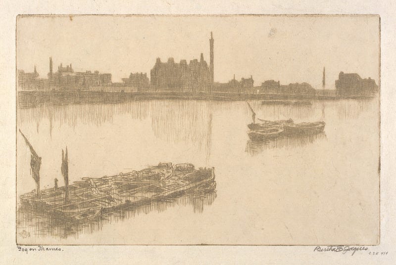 a drawing of boats on a river with blurry buildings in the background