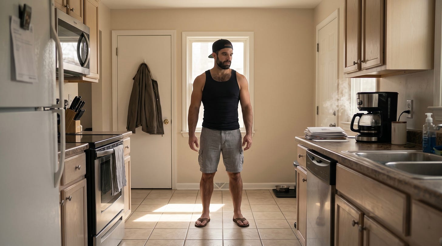 Mitch stands frozen and overwhelmed in the middle of a sparse, quiet kitchen, staring blankly while a coffee maker steams on the counter next to a pile of mail. Mitch stands frozen and overwhelmed in the middle of a sparse, quiet kitchen, staring blankly while a coffee maker steams on the counter next to a pile of mail.