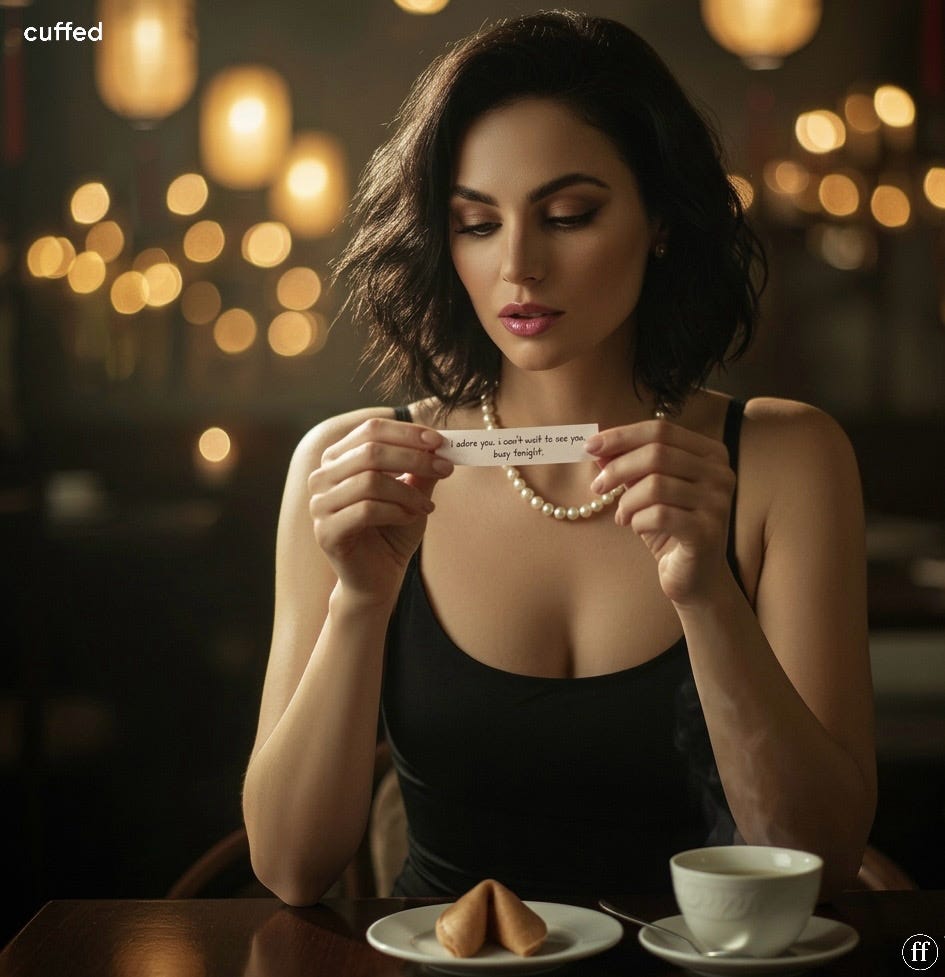 a woman in a dimly lit café studies a fortune slip that appears rewritten—“i adore you. i can’t wait to see you.” crossed by the quiet reality of “busy tonight.”—symbolizing how early affection can be overwritten by emotional distance. a woman in a dimly lit café studies a fortune slip that appears rewritten—“i adore you. i can’t wait to see you.” crossed by the quiet reality of “busy tonight.”—symbolizing how early affection can be overwritten by emotional distance.