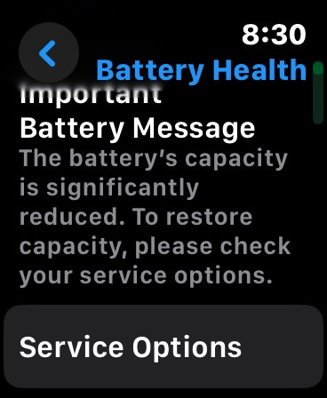 Screenshot of Apple Watch Battery Health screen
