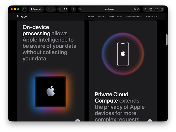 Apple on-device processing and Private Cloud Compute visuals explaining local data processing and secure cloud extension
