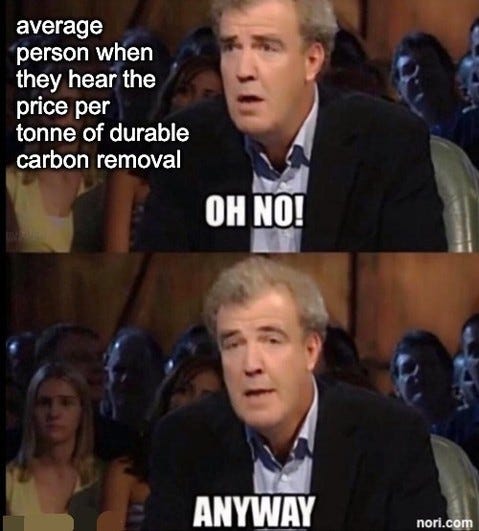 Two stills of Jeremy Clarkson. Text: "average person when they hear the price per tonne of durable carbon removal." "Oh no!" "Anyway."