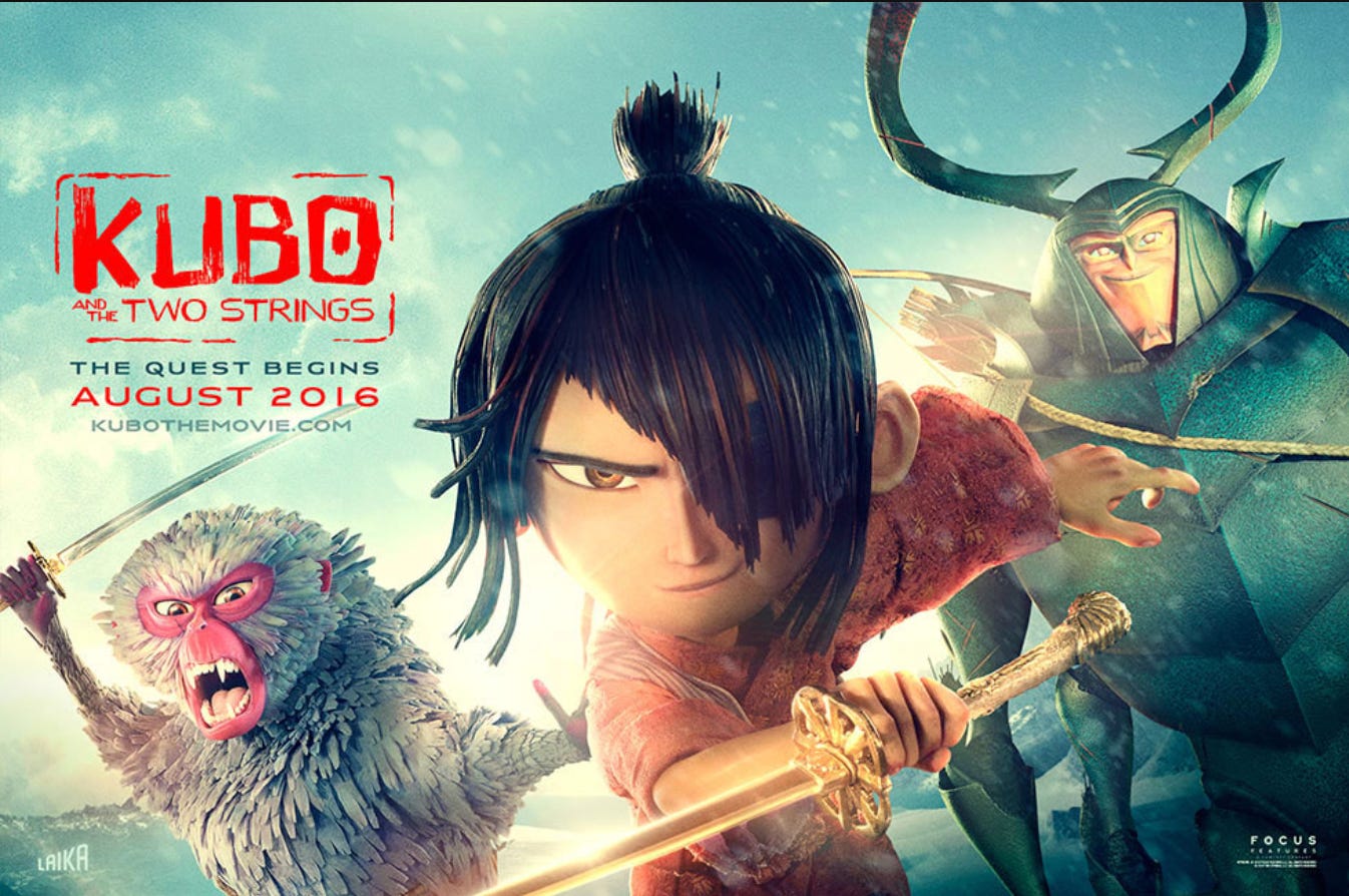 Movie poster for the movie Kubo and the two strings. Black-haired boy with one eye covered and a sword, accompanied by an angry monkey and his sword Movie poster for the movie Kubo and the two strings. Black-haired boy with one eye covered and a sword, accompanied by an angry monkey and his sword