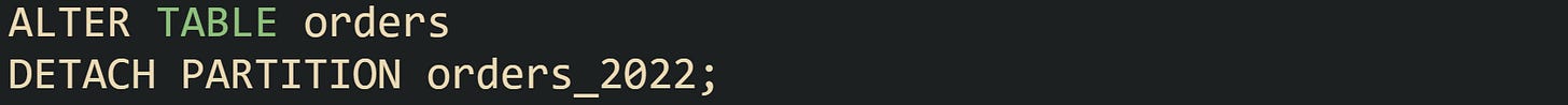 ALTER TABLE orders DETACH PARTITION orders_2022; ALTER TABLE orders DETACH PARTITION orders_2022;