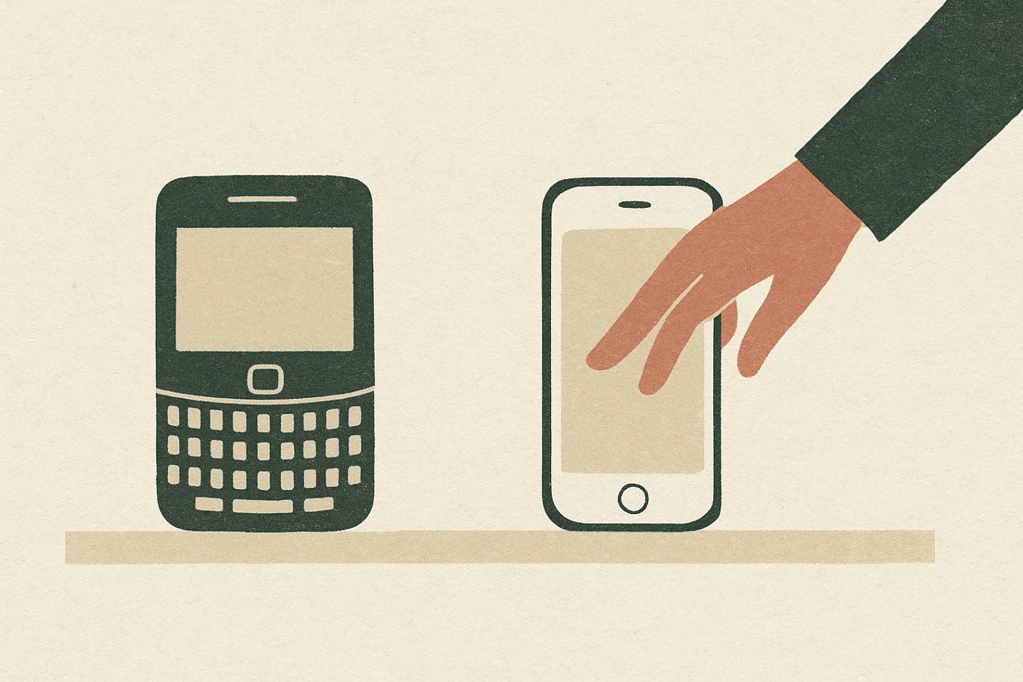 Blackberry and iphone illustration with a hand reaching for the iphone