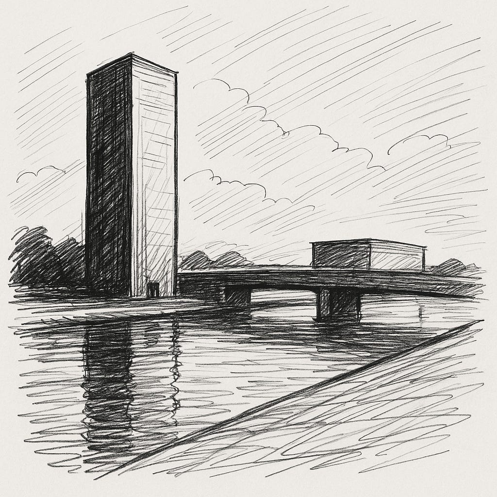 A monochrome ink sketch showing a tall rectangular tower standing next to a body of water. In front of it, a bridge stretches across the water, with a low rectangular building on the right. Reflections ripple on the water’s surface under an open sky with clouds