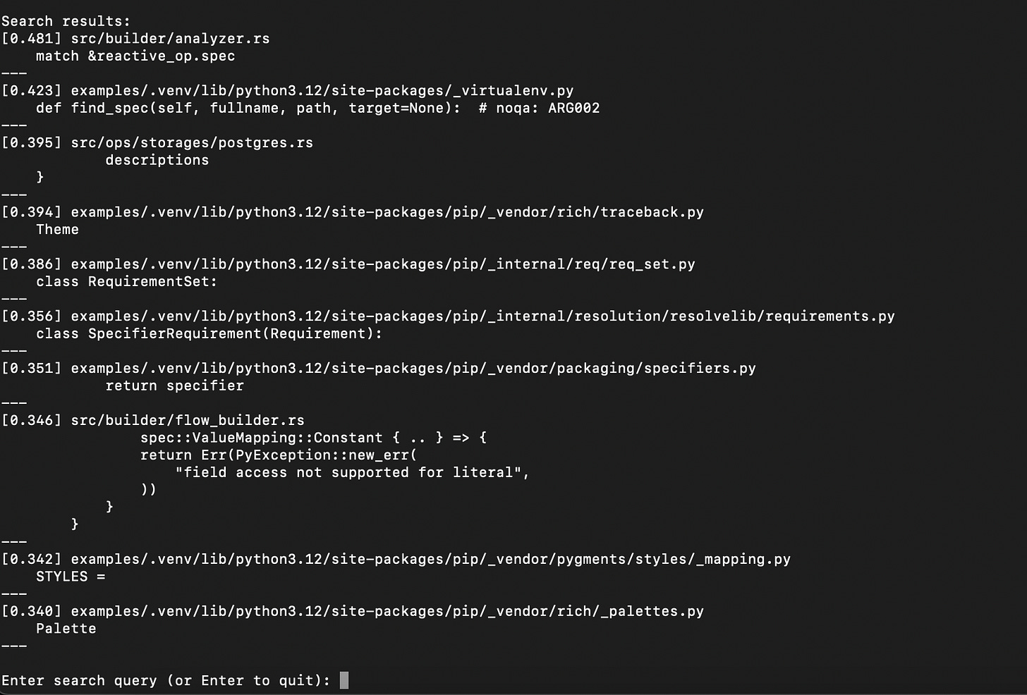 Search results in terminal Search results in terminal