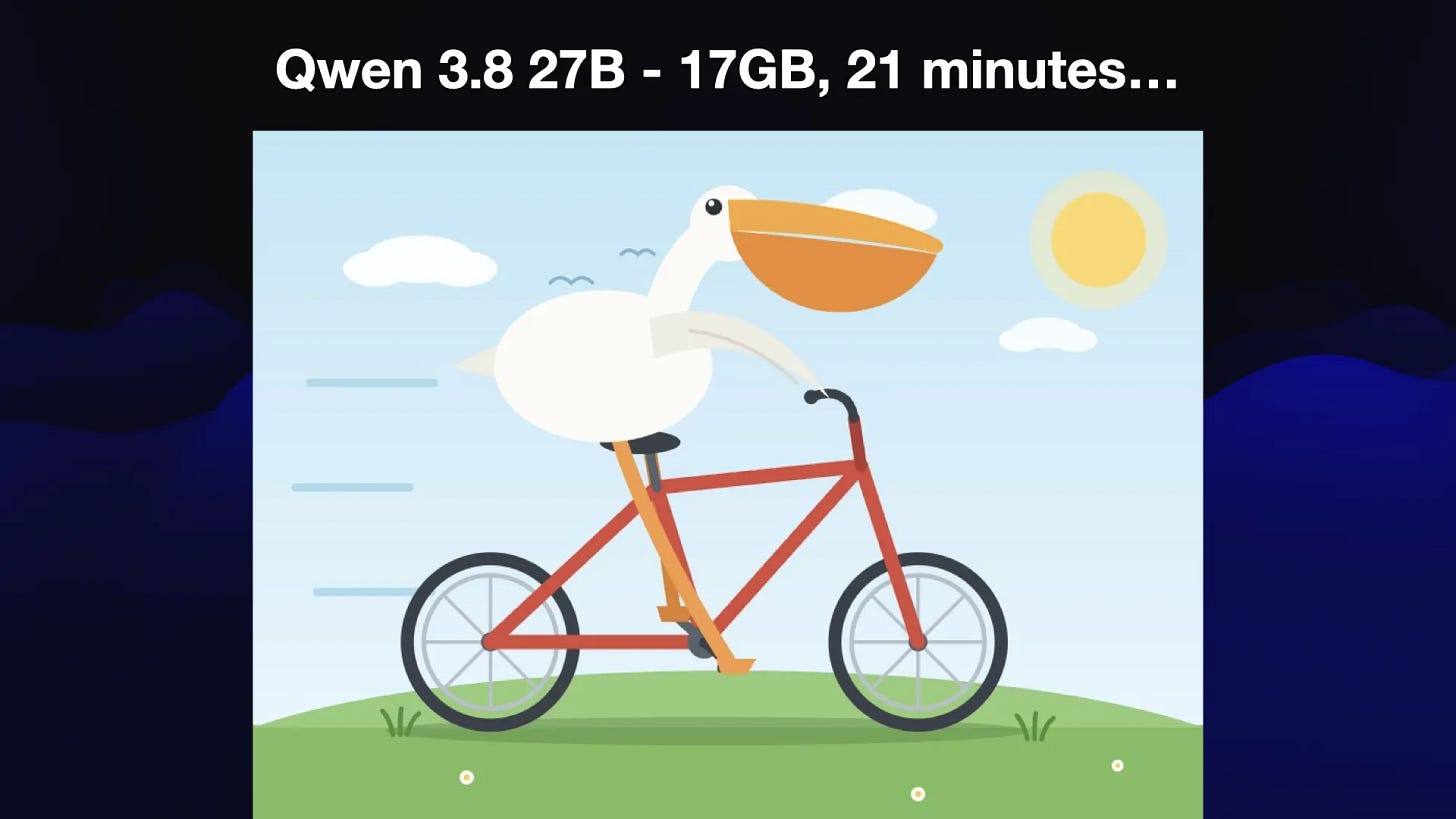 Qwen 3.8 27B - 17GB, 21 minutes...

It's really good. Beautiful pelican. Correctly shaped bicycle. Legs either side of the frame.