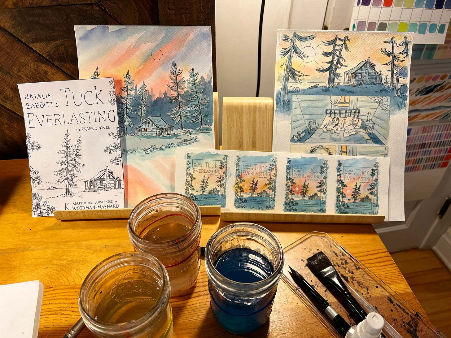 Watercolor thumbnails of graphic novelist K. Woodman-Maynard's graphic novel adaptation of Tuck Everlasting’s cover art. 