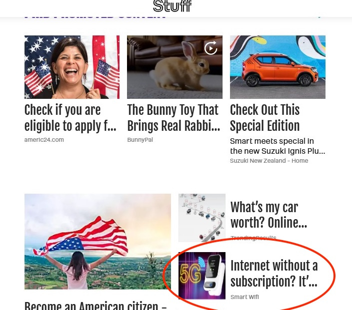 An array of ads on the Stuff website. Two advertising US citizenship services, one for a car, one about selling a car, one about a bunny toy that has the word rabbit cut off, and one for the scam that says "Internet without subscription? It'..."