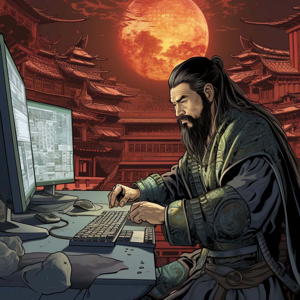 Artistic (AI-generated) picture of Sun Tzu at a keyboard working on cybersecurity work.