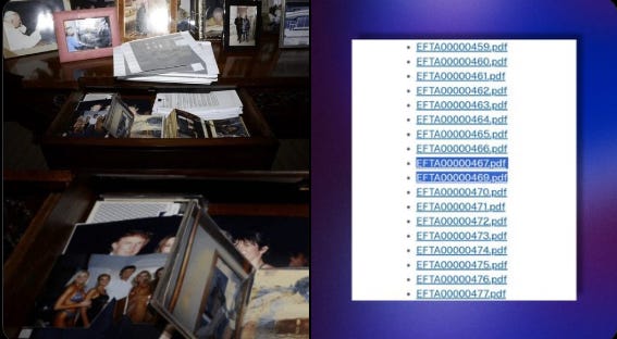 picture of Epstein's desk drawer, with multiple pictures of Trump in it, and the list showing the removal of the file from the released epstein docs.