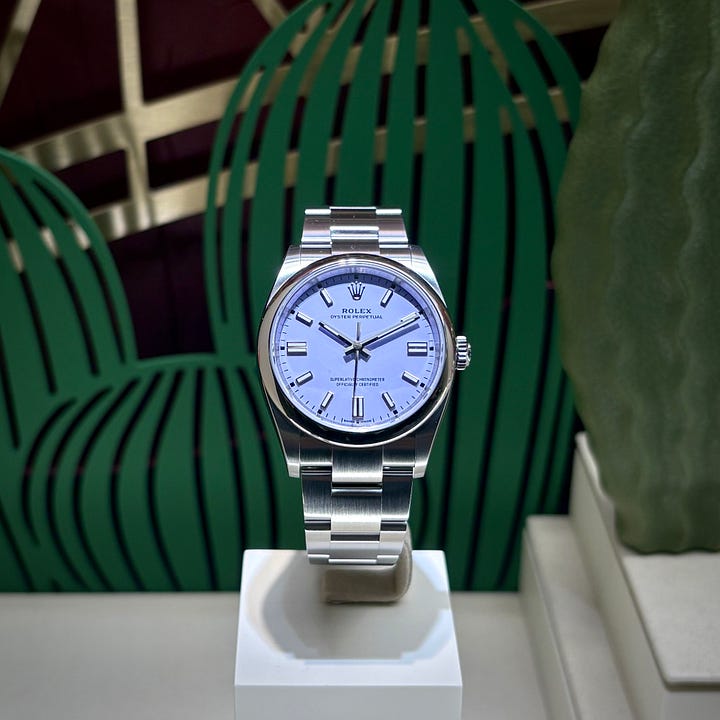 rolex Oyster Perpetual in Pistachio and Lavender.
