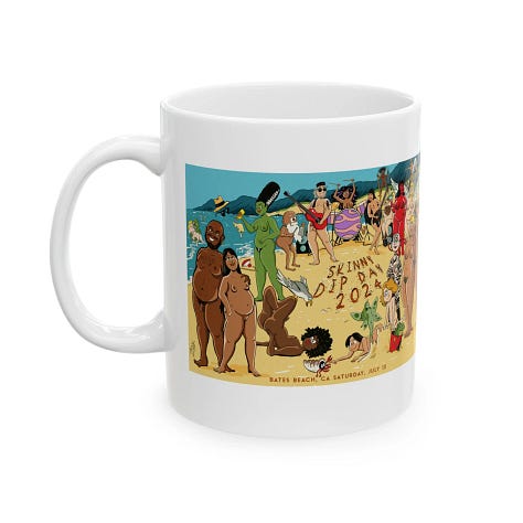 A gallery of past Planet Nude Skinny Dip Day merch featuring Zaftig Pink's previous designs. The 2024 art, a sunny, crowded beach scene of diverse nude cartoon figures, appears on a white ceramic mug and a white jersey tank. The 2025 art, a vivid purple cosmic scene of nude aliens and astronauts, appears on a white jersey tank and a white ceramic mug.