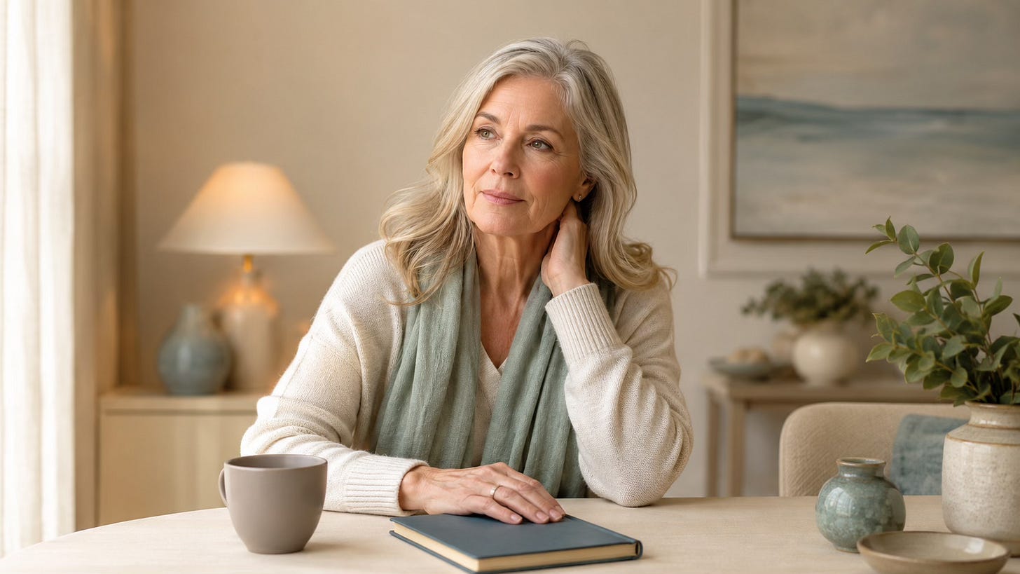 Woman with silver-blonde hair sitting calmly at a table with a closed journal, reflecting on an emotional pattern. Woman with silver-blonde hair sitting calmly at a table with a closed journal, reflecting on an emotional pattern.